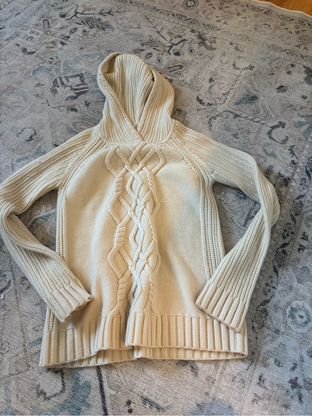 Athleta Cream Cable-Knit Hooded Turtleneck Sweater